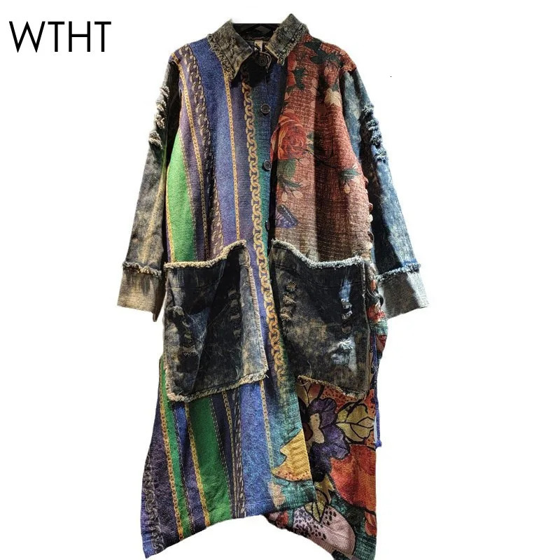 WTHT Fashion Trendy Womens Spliced Striped Denim Long Coat Autumn Lapel Big Pockets Single Breasted Jacket Female 1LS214 261016