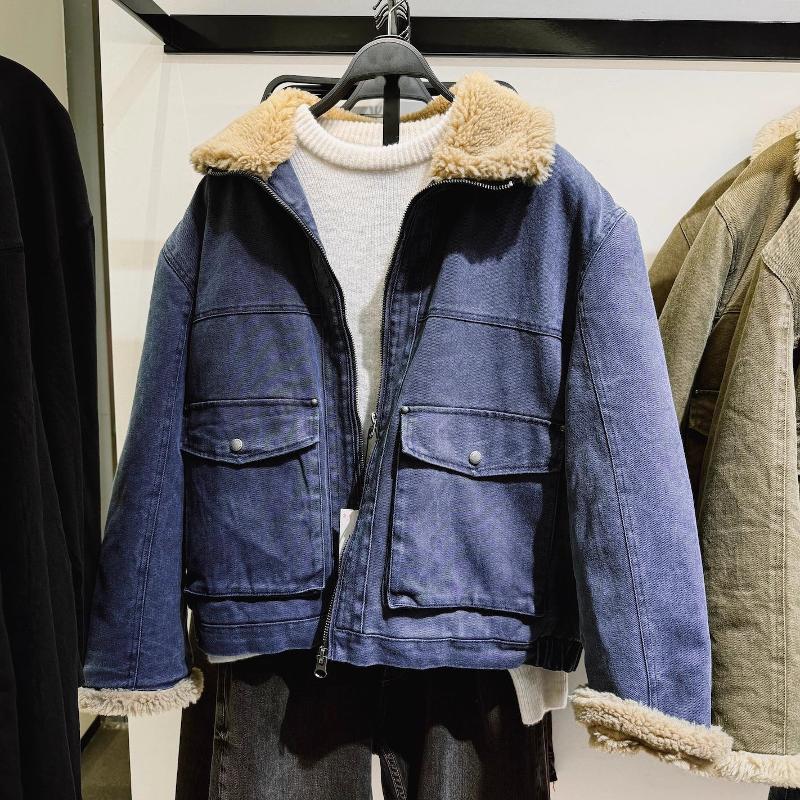 Veste épaisse en Denim bleu doublé polaire pour hommes, manteau matelassé à fermeture éclair multi-poches, Streetwear d'hiver ample