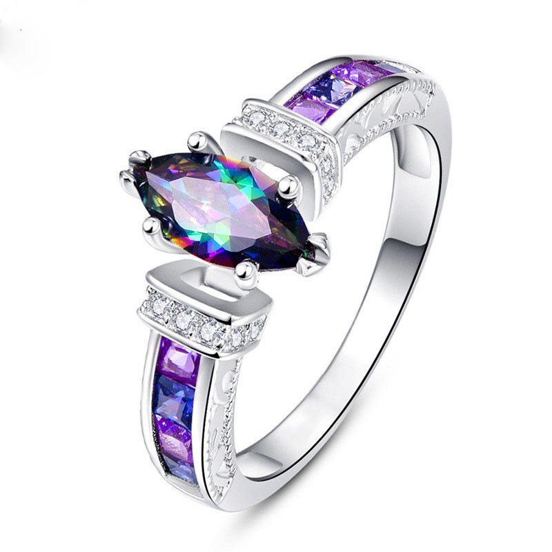 Cross-Border Wish Best-Selling Accessories: Exquisite Rainbow-Colored Oval Cubic Zirconia For Women, A Fashionable And Trendy Export Ring