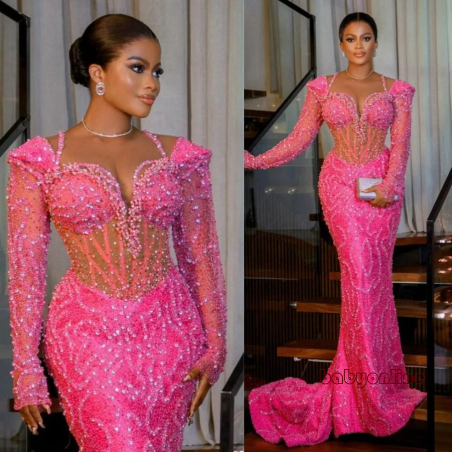 New Plus Size Fuchsia Prom Dresses for Black Women Evening Dresses Elegant Illusion Long Sleeves Beaded Lace Sparkling Birthday Reception Gowns Dres
