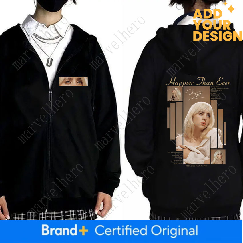 Hot Happier Than Ever Zipper Hoodie Men Women Fashion Pop Music Zip Up Hoodies Male Vintage Hip Hop Oversized Jacket Coat