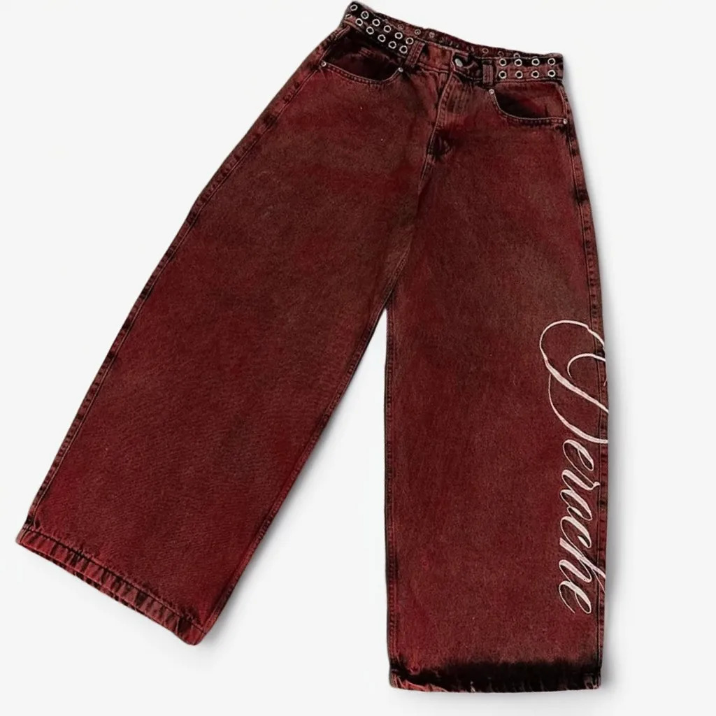 Vintage 2000s Washed Red Rivet Waist Belt Jeans Casual Denim Pants Straight Wide Leg Jeans Harajuku Y2k Women Clothing 261015