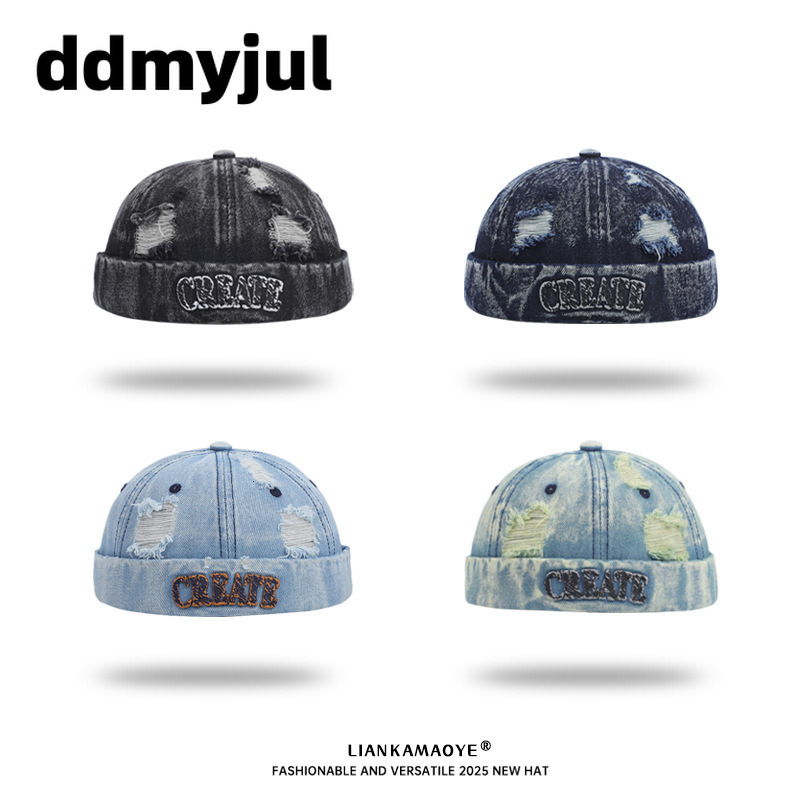 Ripped Washed Denim Docker Cap Distressed Brimless Hat for Men Women Retro Vintage Sailor Skull Beanie Casual Streetwear Headwear