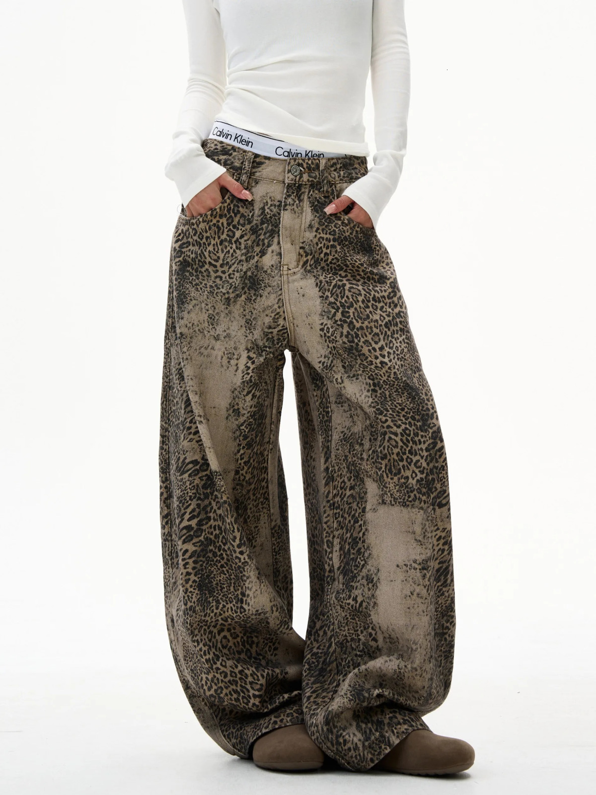 Y2K Wide Leg Denim Pant American Women Retro Leopard Print Jeans Streetwear Hip-hop Slim Straight Trousers Four Seasons 261016