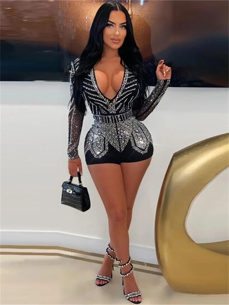 Mesh See Trough Diamonds Rhinestons Rompers Playsuits Summer Clothes Women Bodycon Shorts Jumpsuits One Pieces Overalls 261015