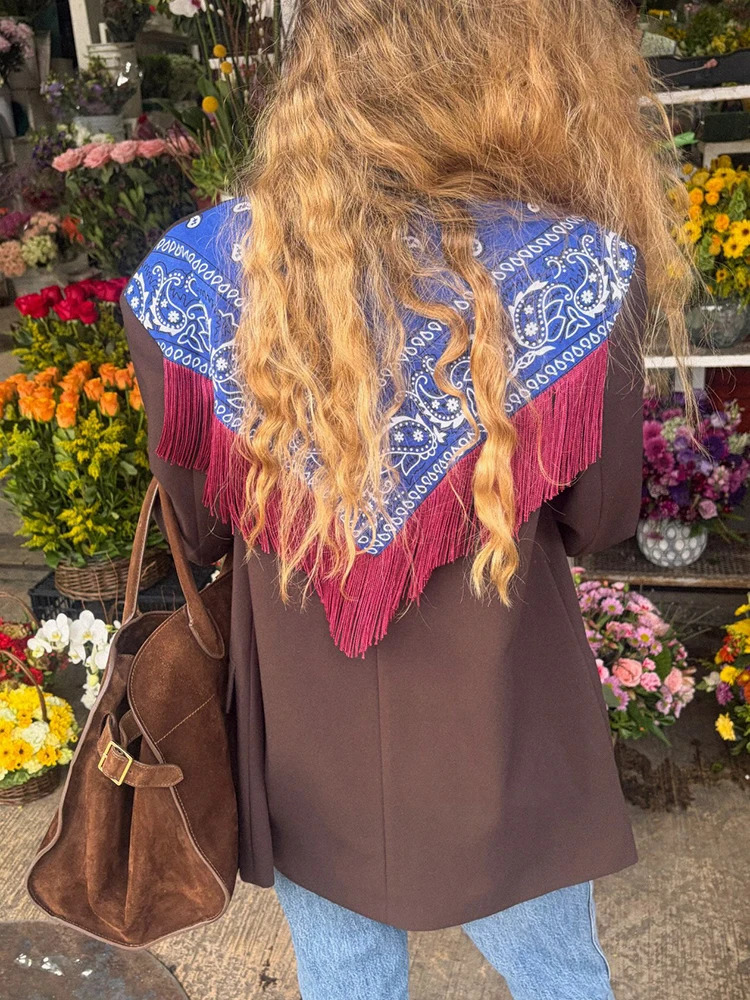 Women Bandana Print Blazer Jacket Triangle Scarf Tassel Fringe Back Loose Suit Coat 2026 Fashion Casual Office Lady Chic 261017