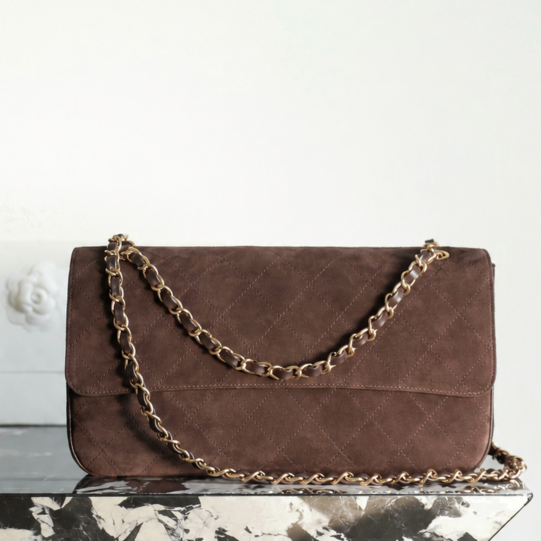 Designer Bag Maxi Flap Series Chocolate Brown Suede Leather Quilted Flap Shoulder Bag Woven Chain Crossbody Purse Autumn Winter Commute