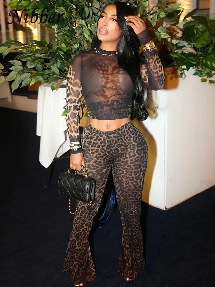 Nibber Sexy 2 Piece Set Women See Through Midnight Party Full Sleeve Crop TopsPants Matching Clubwear Skinny Autumn Outfits 261015