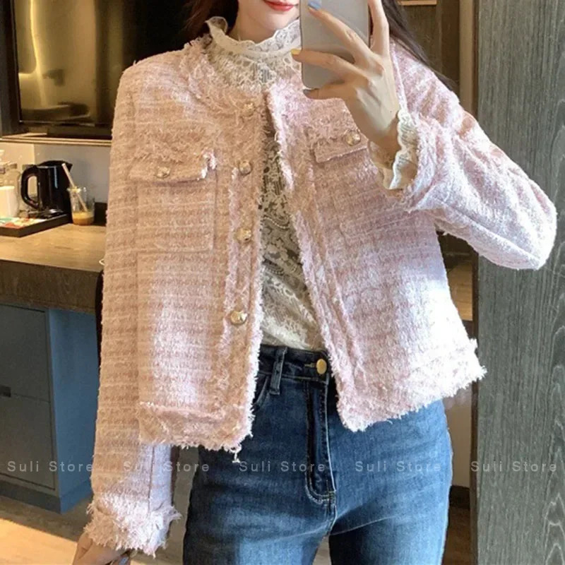 French White Tweed Crop Jacket for Women 2026 Autumn Elegant Slimming Decor Button Coat Woman Round Neck Long Sleeve Outerwear 261015