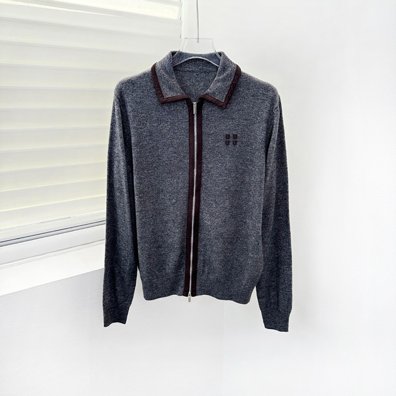 Retro Knit Cardigan Women Chic Letter Lapel Collar Zip Knit Jacket Autumn Minimalist Gray Sweater Cardigan for Women