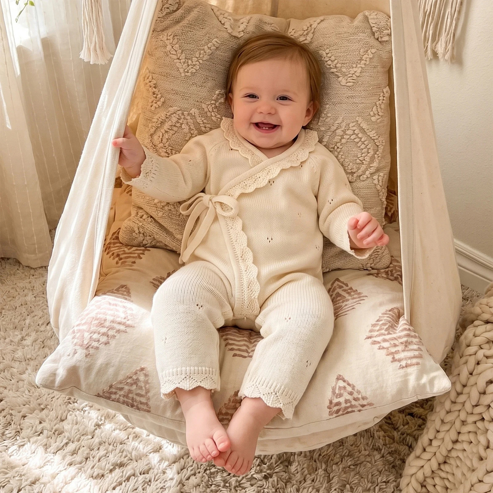 Baby Boys Girls Front Tie Knitted Rompers Casual Solid Color Scallop Trim V Neck Long Sleeve Jumpsuits Autumn Clothes 261015