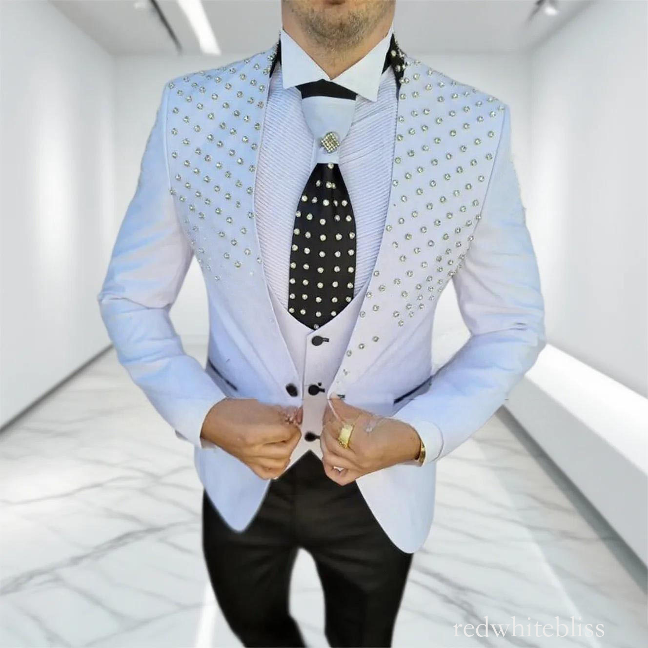 Sparkly Crystals Beading Wedding Suits For Men Slim Fit Single Breasted Jacket Vest Pants 3 Pieces Formal Groom Tuxedos