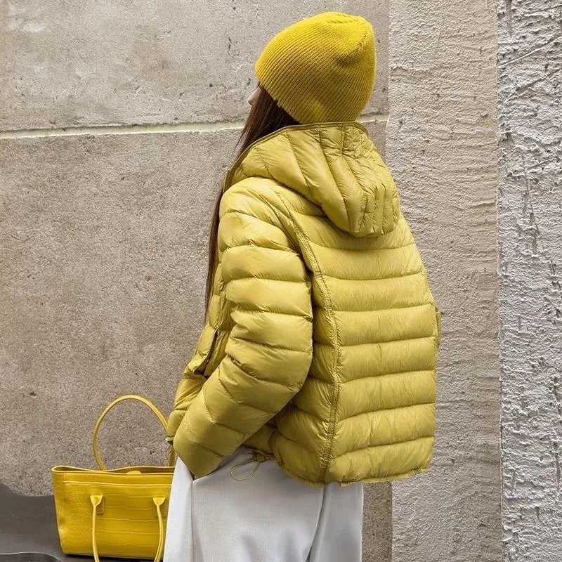 Women's Down Parkas LANMREM Women's 90% White Duck Down Ribbed Hooded Puffer Jacket Fashion Lightweight Warm Winter Down Coat 2DB9154T2610