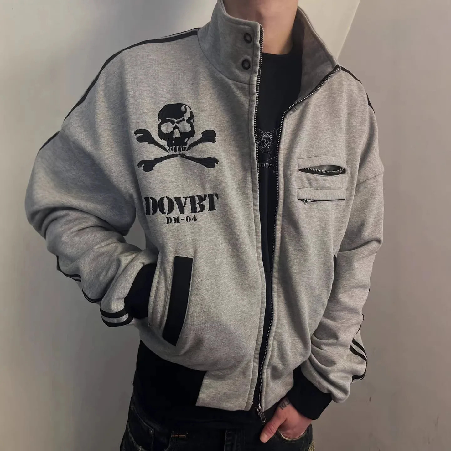 MenY2K Skull Print Zip Up Jacket Stand Collar Skeleton Graphic Sweatshirt Color BlockStriped Sleeve GothicStreetwear LooseCoat 261016
