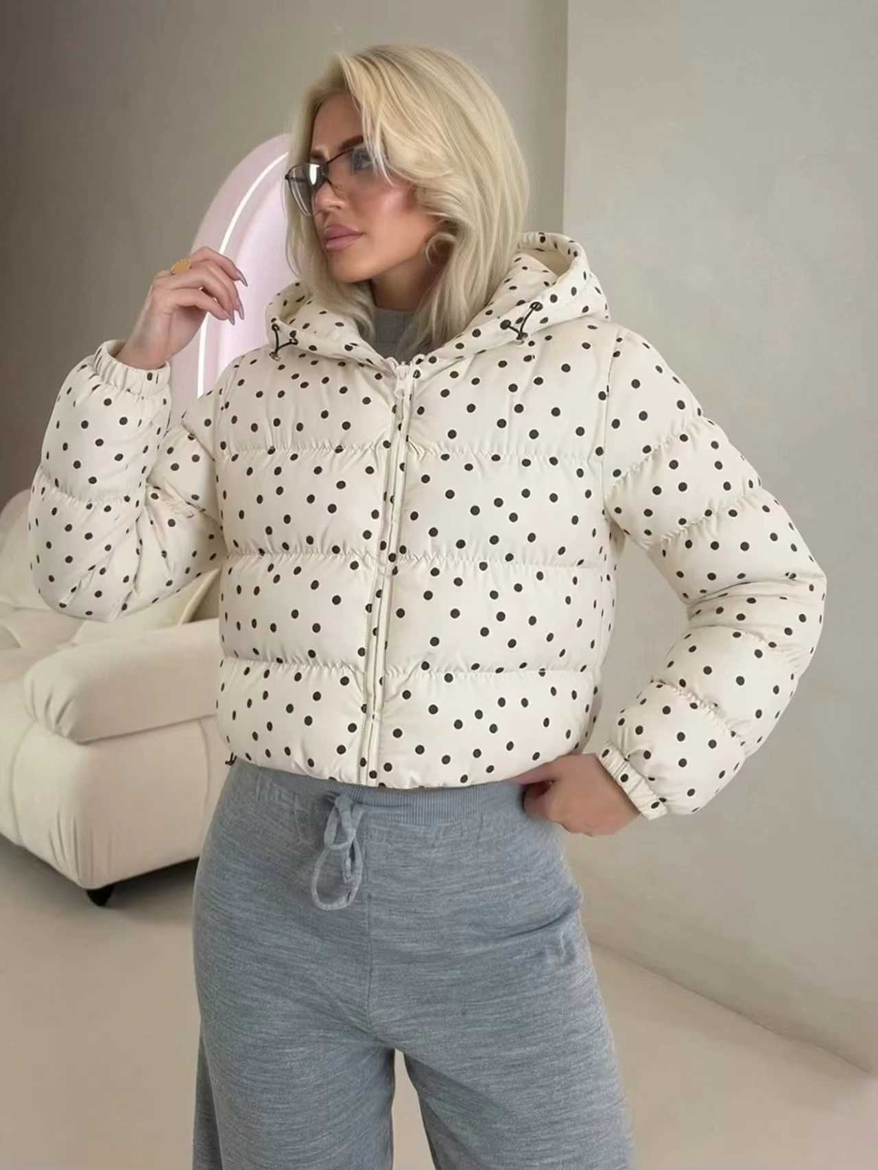 Women's Down Parkas THRUM Guobioziy 2026 Autumn Women Cropped Hooded Puffer Jacket Polka Dot Print Zip Up Drawstring Hem Warm Daily Outer CoatT