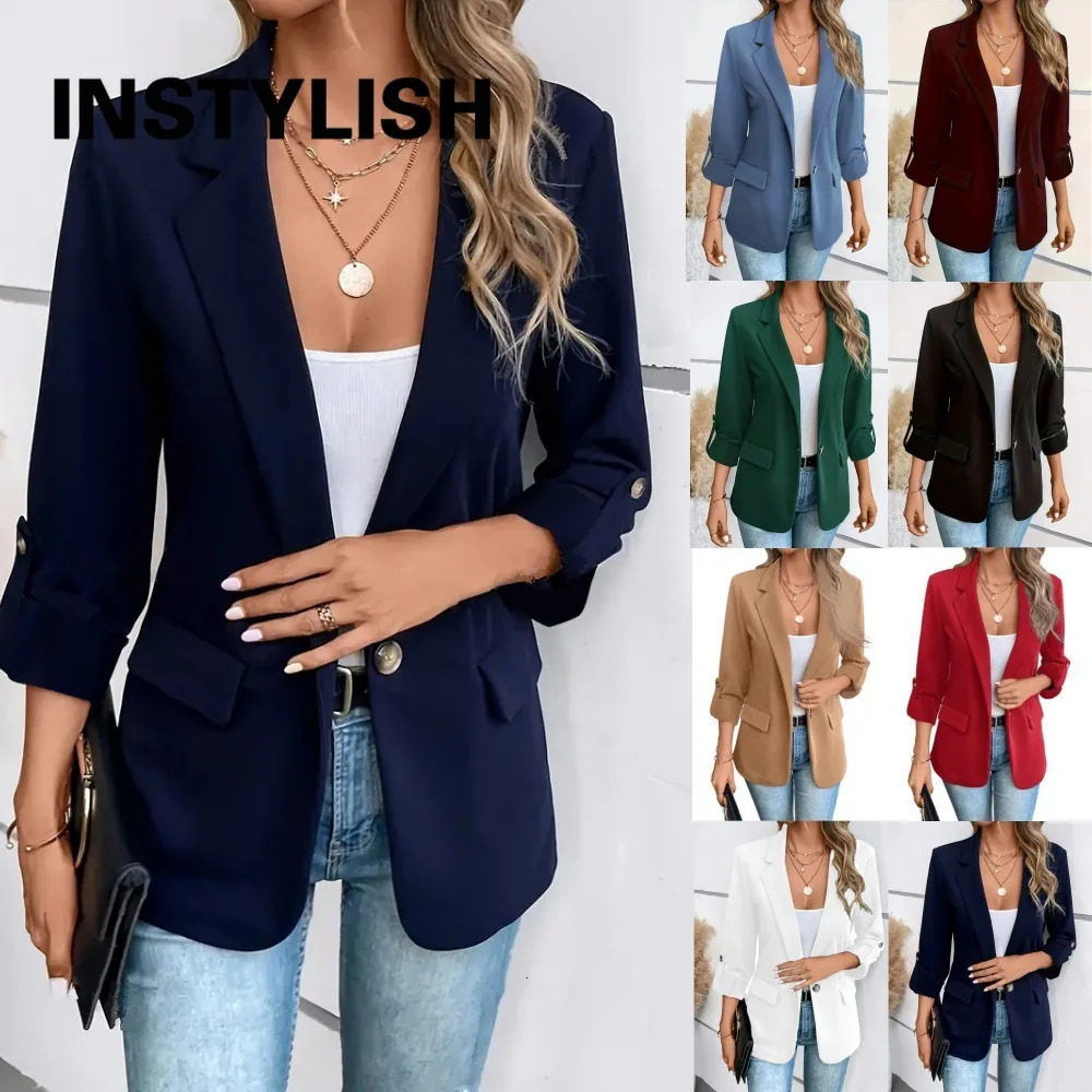 Women Casual Blazer Jacket Elegant Long Sleeve Notched Lapel Single Button Office Work Suit Coat Solid Loose Formal Outerwear 261015