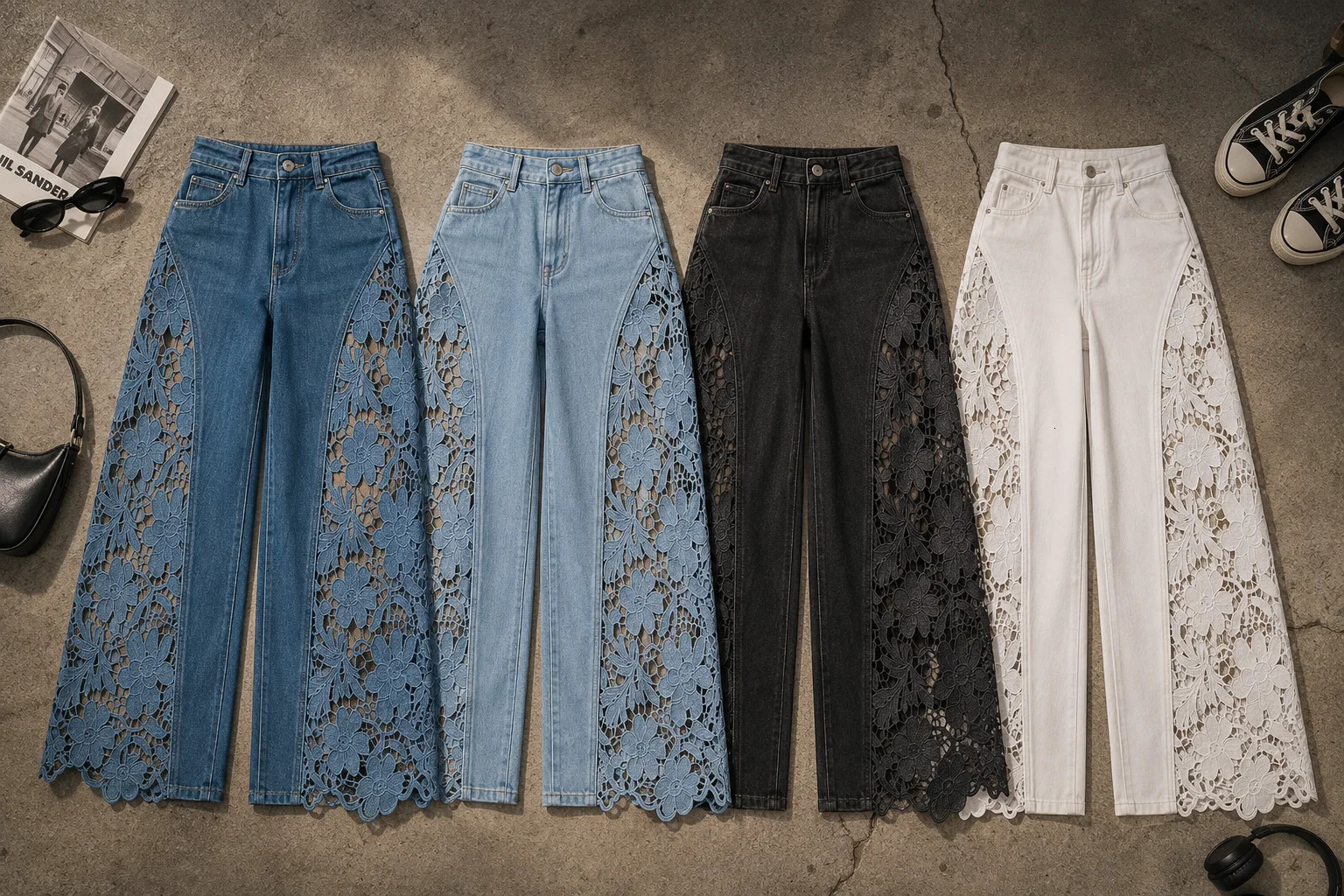 Y2K Pants Vintage Blue High Waisted Jeans Washed Distressed Lace Hollow Stitching Loose Women Casual Ripped Denim Trousers 260911