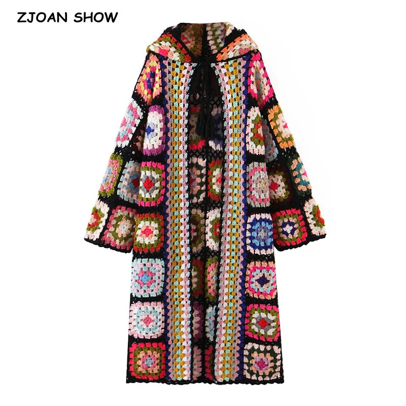 Bohemia Black Colored Plaid Flower Hand Crochet Hooded Cardigan Ethnic Woman Bandage Lacing up Midi Long Sweater Beach Jumper 261015