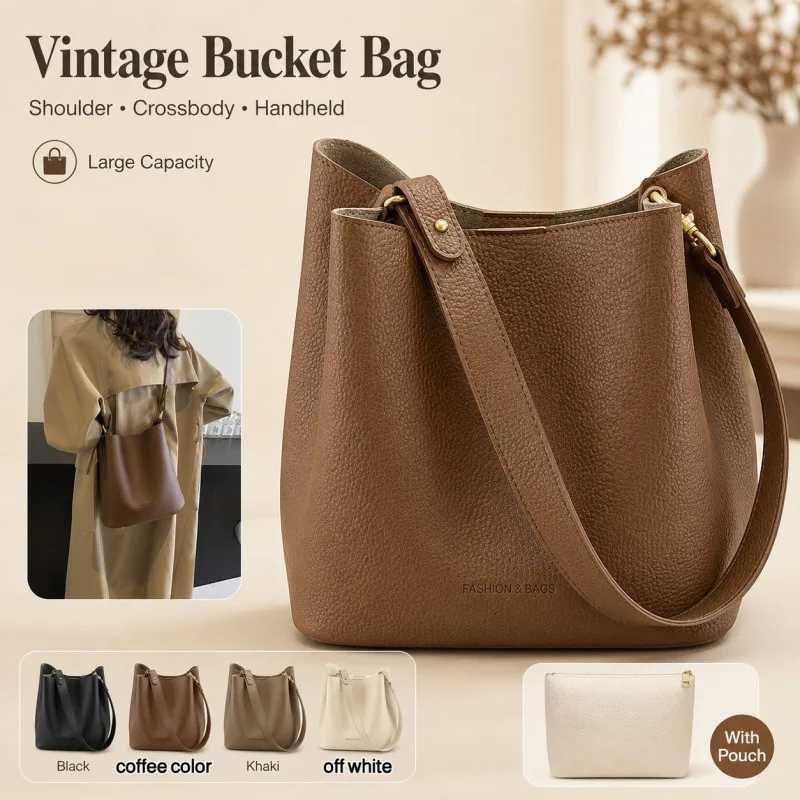 Shoulder Bags Women Vintage Bucket Bag Casual Shoulder Crossbody Handbag Large Capacity Soft Texture Tote Purse For Fall Winter H261016
