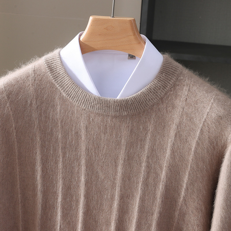 2026 Autumn Winter 100% Mink Cashmere Men's Round Neck Solid Color Striped Knitted Sweater Loose Casual Merino Cashmeres 26Y1017