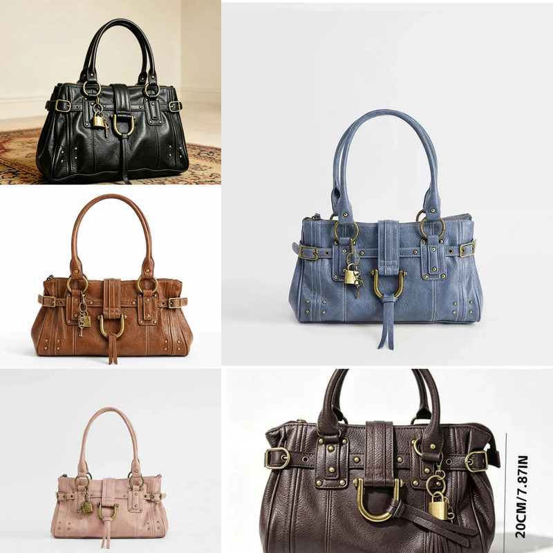 Y2k Vintage Women PU Stylish Tote Bag Lock Rivet Large Capacity Shoulder Bag Zippered Buckle Commute Travel Motorcycle Handbag 260908 0a