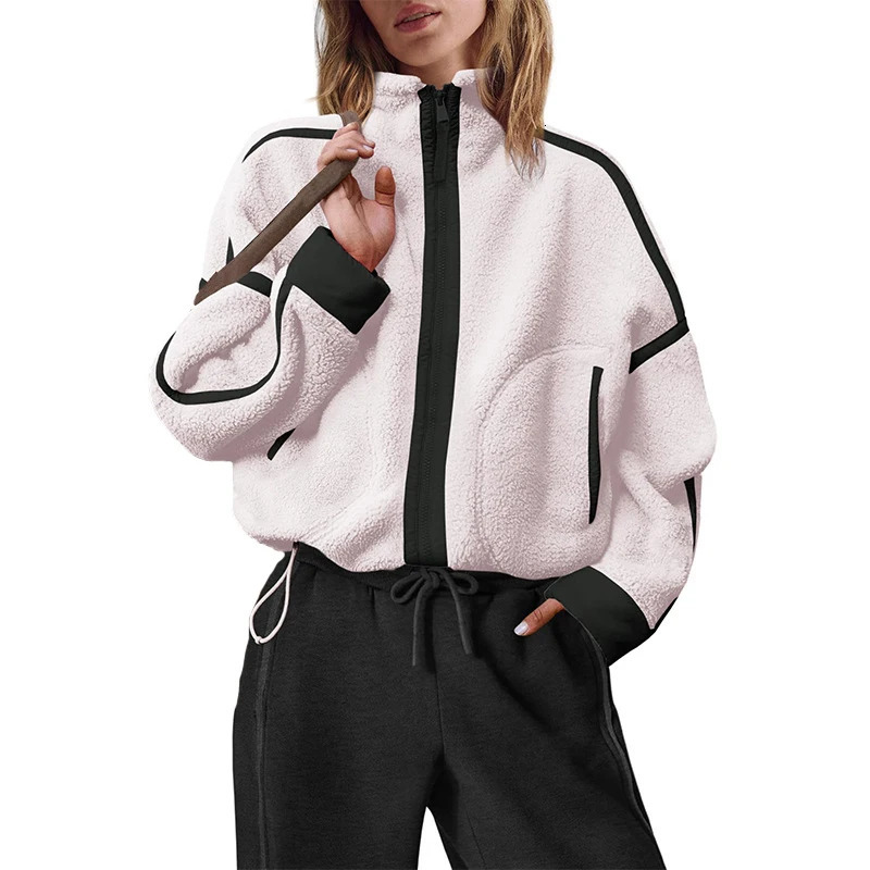 Womens Stand Collar Sherpa Fleece Jacket Zip Up Color Block Fuzzy Coat Casual Sports Outdoor Loose Fit Outerwear 261016