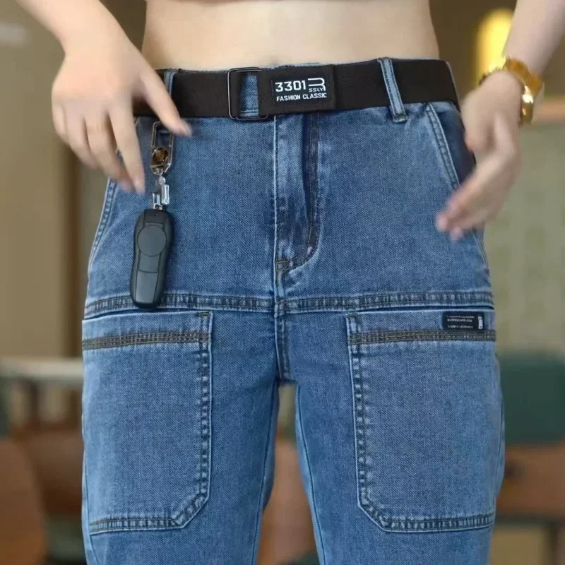 Spring Summer Thin Six Pocket Men's Jeans Elastic Straight Leg Casual Slim Fit Jeans Versatile Multi-Pocket Long Y2K Denim Pants 261013