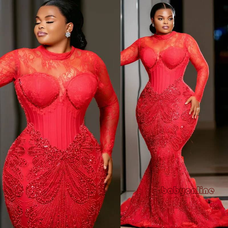 Plus Size Red Prom Dress Velvet Evening Dresses Illusion Appliqued Crystals Sequined Lace Formal Gowns For Nigeria Black Women Birthday Reception Go