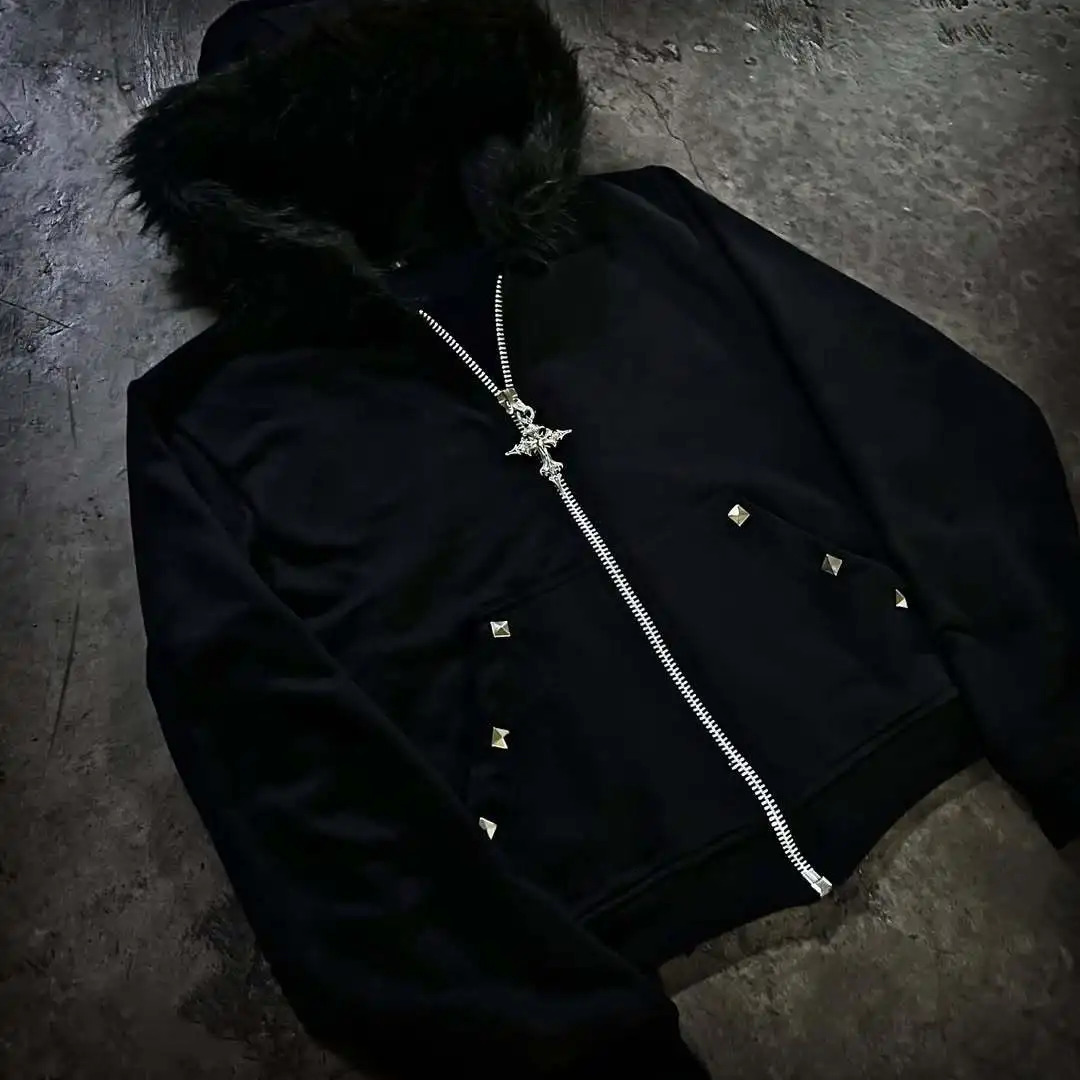 Plush collar rhinestone cardigan zipper hooded sweatshirt dark style y2k trendy street womens hoodie 261017