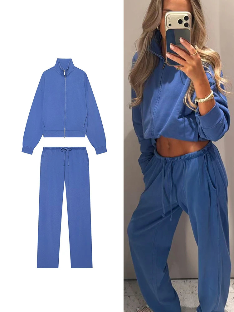 TFMLN Fashion Women's Pant Suits Stand-Up Collar Zipper Long Sleeves Jacket Lace-Up Straight Trousers Autumn Female Set 261016