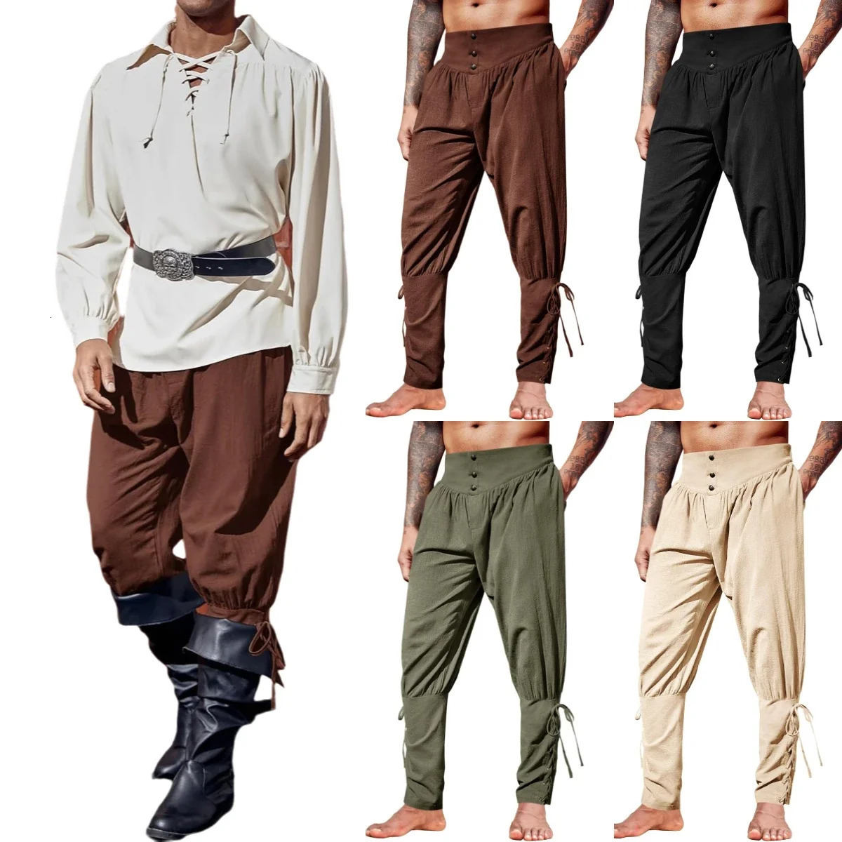 Mens Medieval Ankle Pants Renaissance Viking Pirate Lace Up Tapered Halloween Linen Costume Trousers Cargo 261017