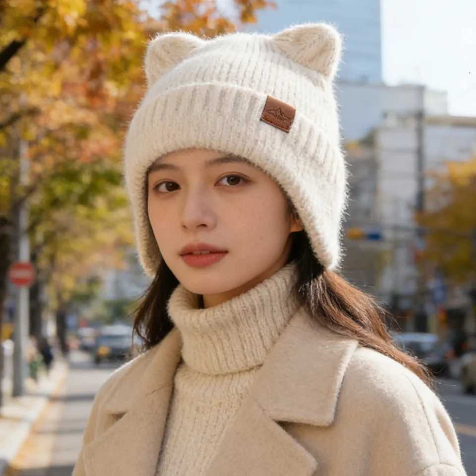 Beanie/Skull Caps New Women Candy Colors Earflap Beanie Fashion Faux Fur Knitted Hat Lovely With Ear Soft Beanie Hats Female Streetwear CapT261017