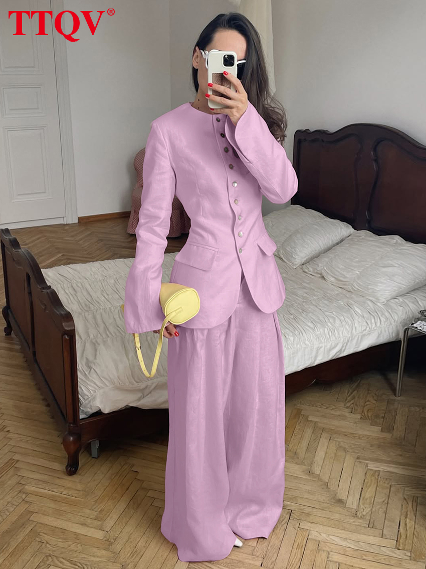 2026 Fashion Long Sleeve Blazer Women's 2-Piece Sets Winter Loose Pink Cotton Pants Set Elegant High Waist Wide Trousers Suits