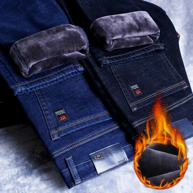 Winter Mens Fleece Warm Jeans Classic Style Business Casual Thicken Regular Fit Denim Pants Black Blue Trousers 261017