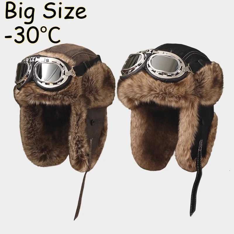 Trapper Hats Big Size PU Bomber Hat Men with Glasses Pilot Trapper Hat Faux Fur Leather Snow Skiing Cap with Ear Flaps Thick Warm HatT261017