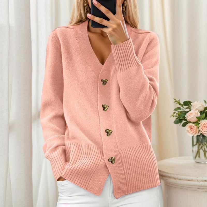 Designer Women's V-Neck Knit Cardigan Long Sleeve Button Down Solid Color Heart Button Sweater Coat Commuting Top