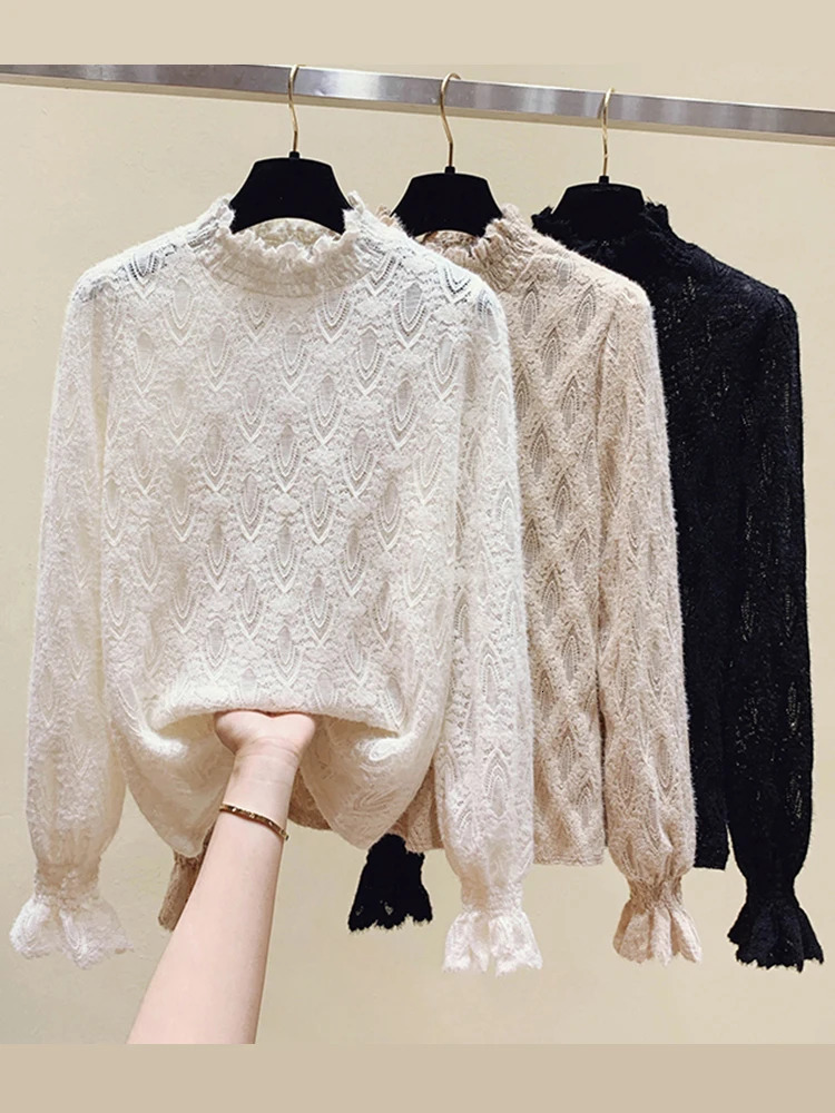 AOSSVIAO 2026 Autumn Winter Women's T-shirts Lace Chic O-Neck Long Sleeve Casual Loose Female Basic Tops Apricot Khaki Black 261014
