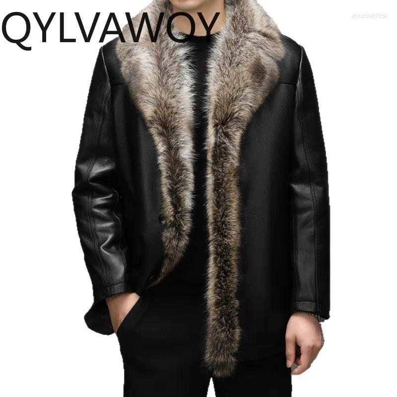 Real Goatskin Man Leather Jacket High-end Mid-length Mink Collar Coat Thicken Genuine Jackets For