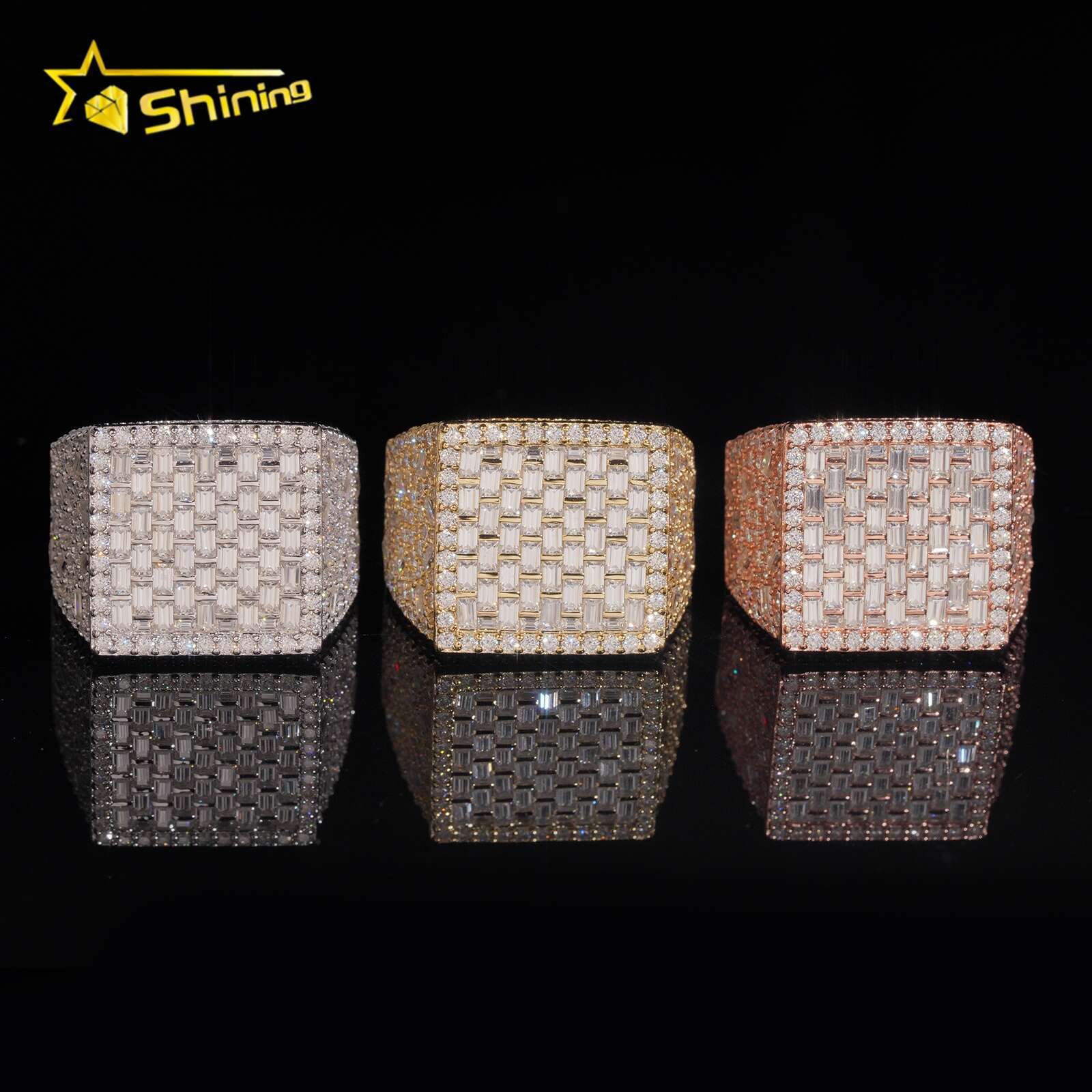 Square Shape Men Iced Moissanite Hip Hop Ring 925 Sterling Silver Baguette Cut Men Engagement Band Moissanite Mens Ring