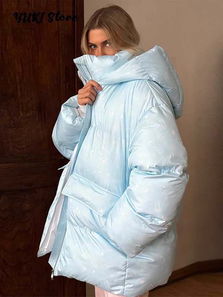 Women's Down Parkas Winter Printed Puffy Women's Down Jacket Warm Hooded Zip-up Full Sleeve Pocket Padded Coats 2026 Fashion Thicken Cotto