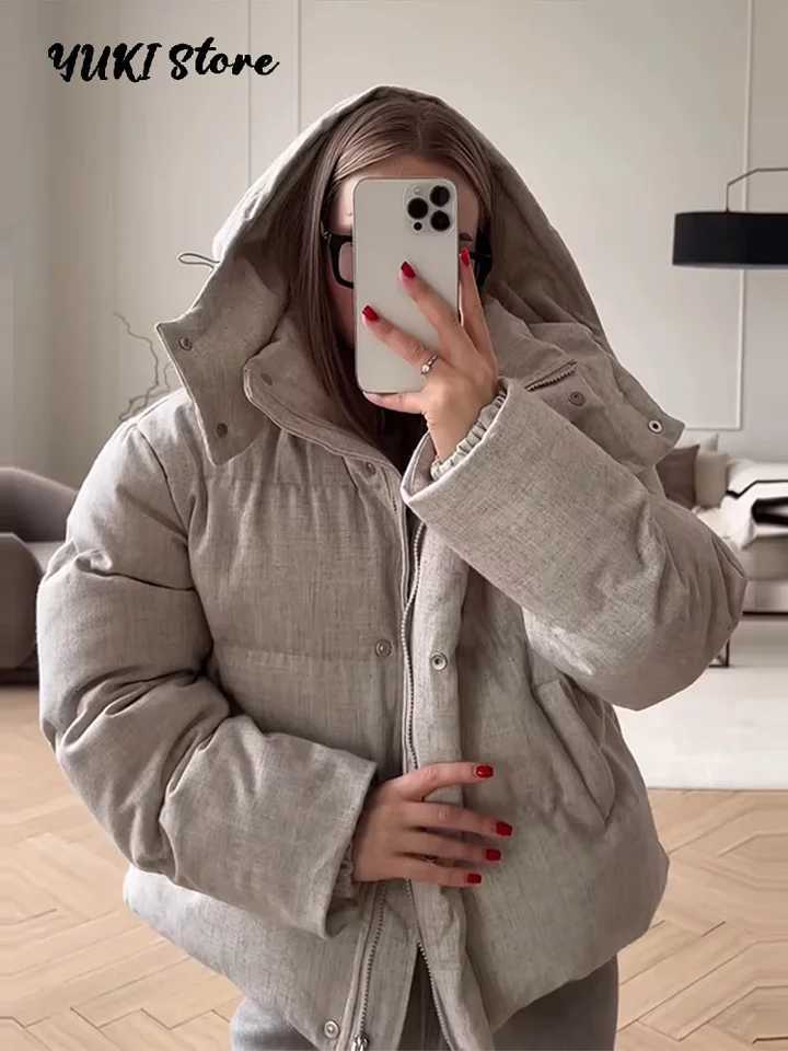 Women's Down Parkas Winter Women's Cropped Padded Coats Hooded Stand Zip-up Full Sleeve Short Puffy Cotton Jacket 2026 Warm Casual Solid O