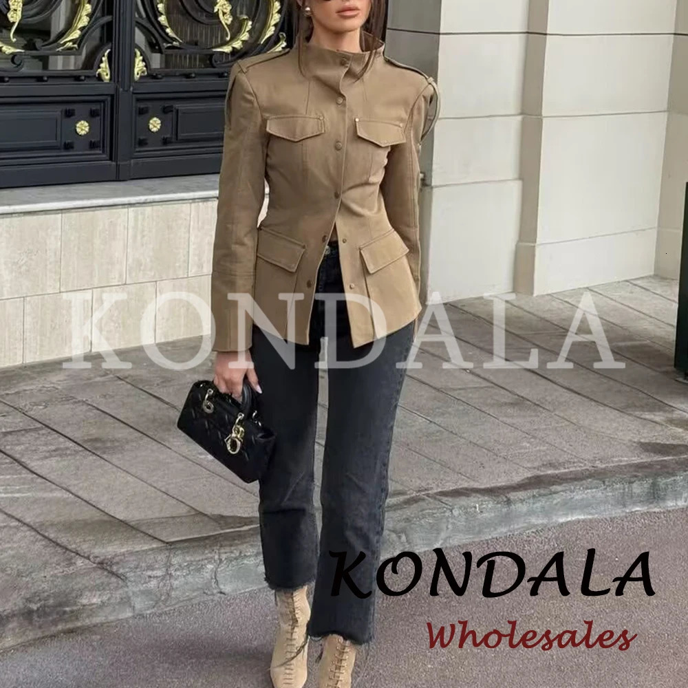 KONDALA Chic 2026 Woman Spring Office Lady Solid Khaki Blazer Single Breasted Slim Jackets Pockets Elegant Fashion Female 261015