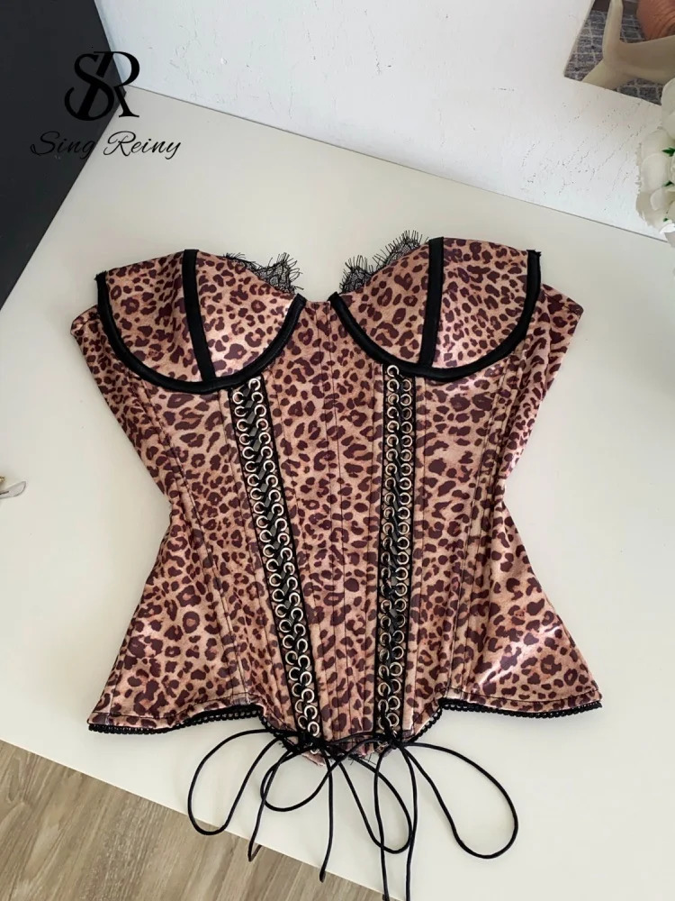 SINGREINY Strapless Leopard Satin Party Top 2026 Women Sleeveless Lace Up Irregular Camis High Qualit Print Sexy Corset 261017