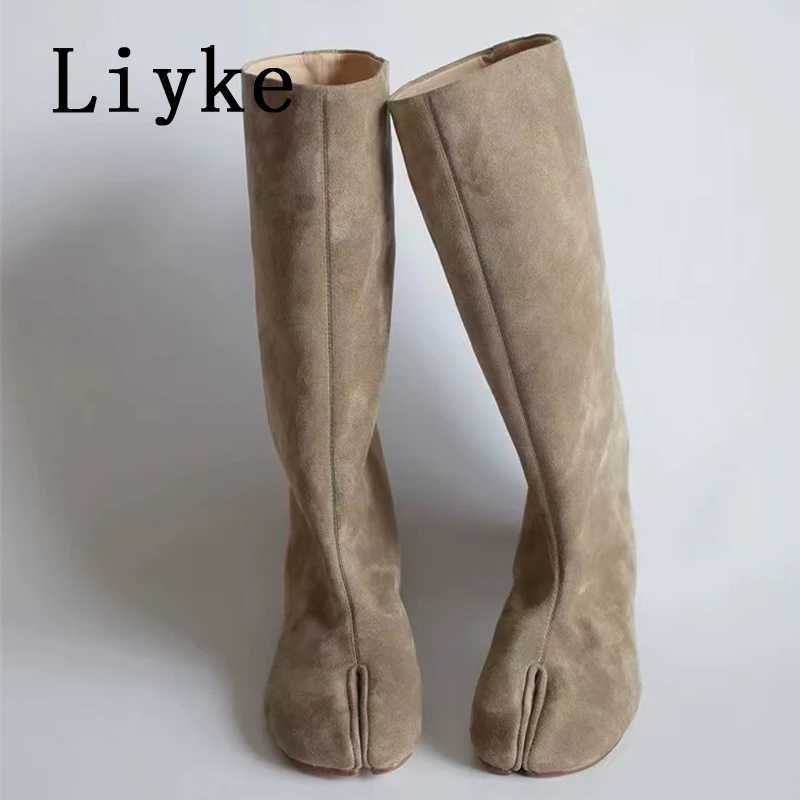 Liyke Autumn Winter Fashion Faux Suede Split Toe Women Knee-High Boots Casual 2cm Low Heeled Tabi Modern Knight Long Boots Shoes Q261015