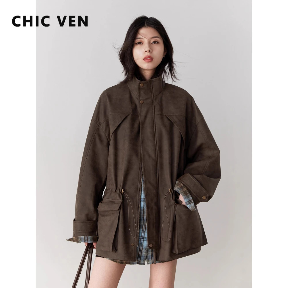 CHIC VEN Women Suede Jackets Loose Retro Stand Up Collar Mid-length Ladies Casual Coat Female Overcoat Autumn Winter 261015