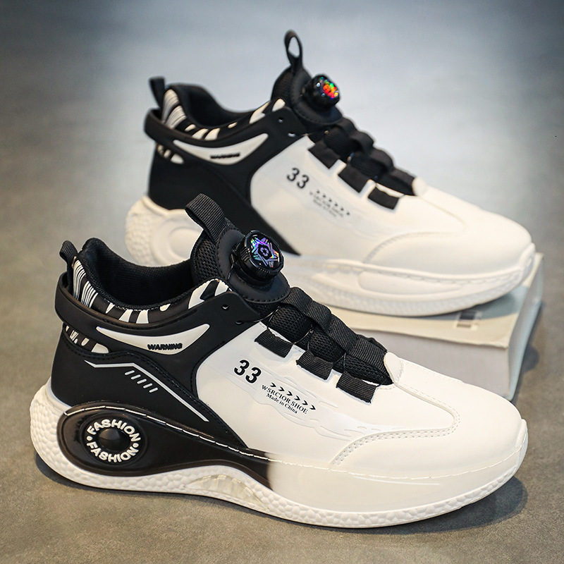 Men Black White Mid Top Sneakers Rotating Buckle Design Lightweight Cushion Non Slip Fashion Street Casual Daily Walking Shoes