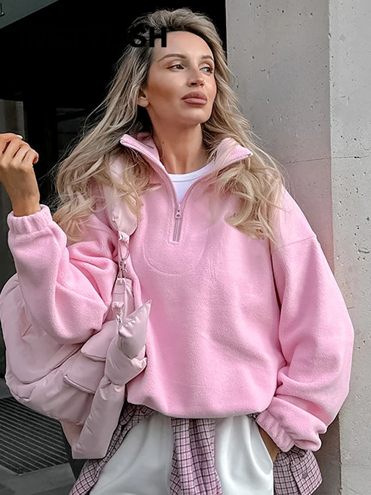 Women Autumn Winter Fleece Hoodies Elegant Stand Collar Zipper Loose Sweatshirt Solid Pullover Casual Top Streetwear 261017