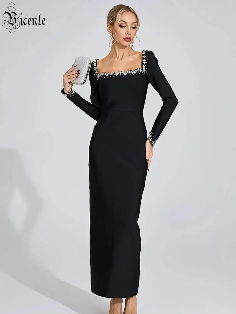 VC Formal Gala Elegance Black Square-Neck Rhinestone Long-Sleeve Maxi Dress Party Evening Gown 261016