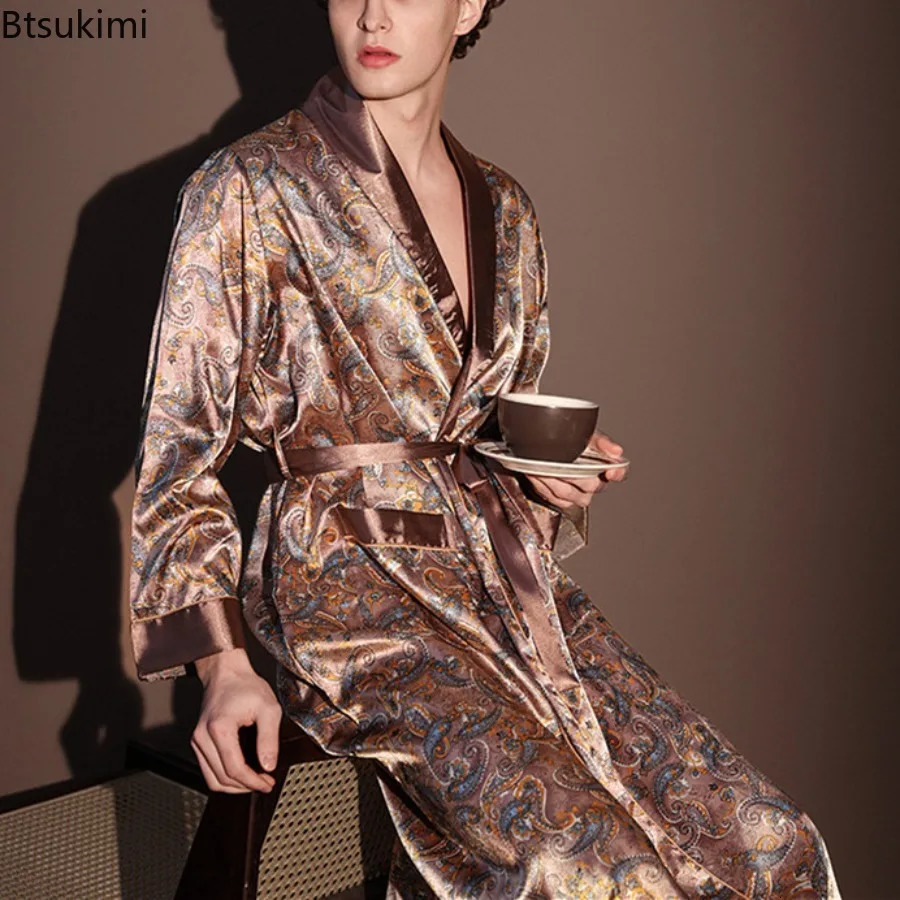 Mens Thin Bathrobe High Quality Nightrobes OnePiece Robe Male Loungewear Gents Spring and Autumn Ice Silk Printed Pajamas 261017