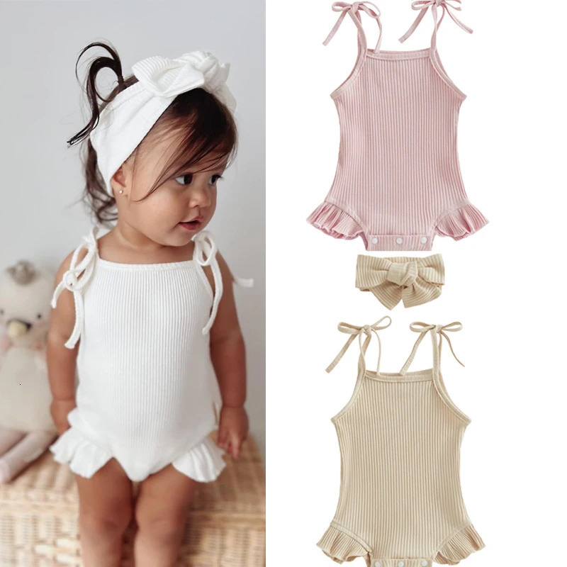 FOCUSNORM 0-18M Infant Baby Girls Sweet Romper Solid Color Knitted Ribbed Tie-Up Spaghetti Straps Sleeveless Ruffles Jumpsuits 261015
